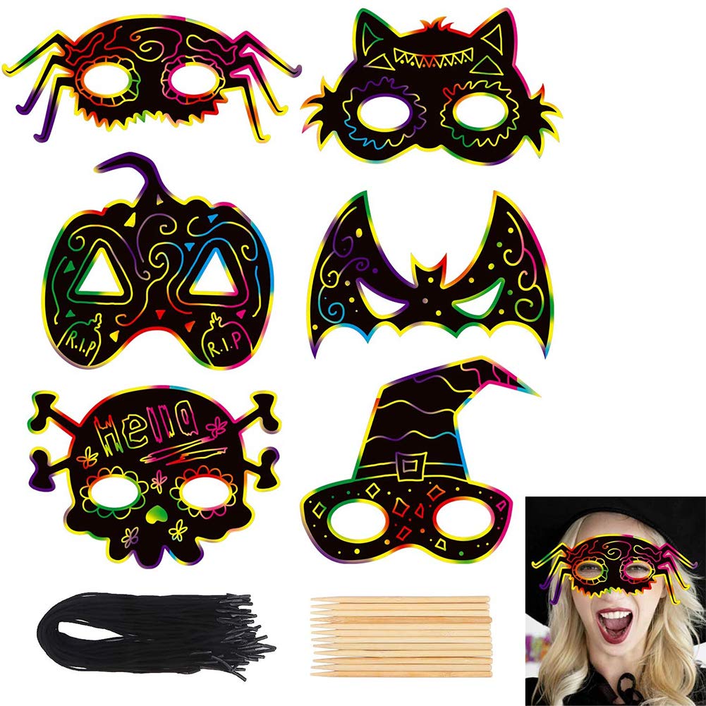 Ccinee 36Pcs Halloween Scratch Paper Mask, Magic Scratch Off Art Masks With Elastic Cords And Wood Stylus For Halloween Costume Dress Up Party Decorations
