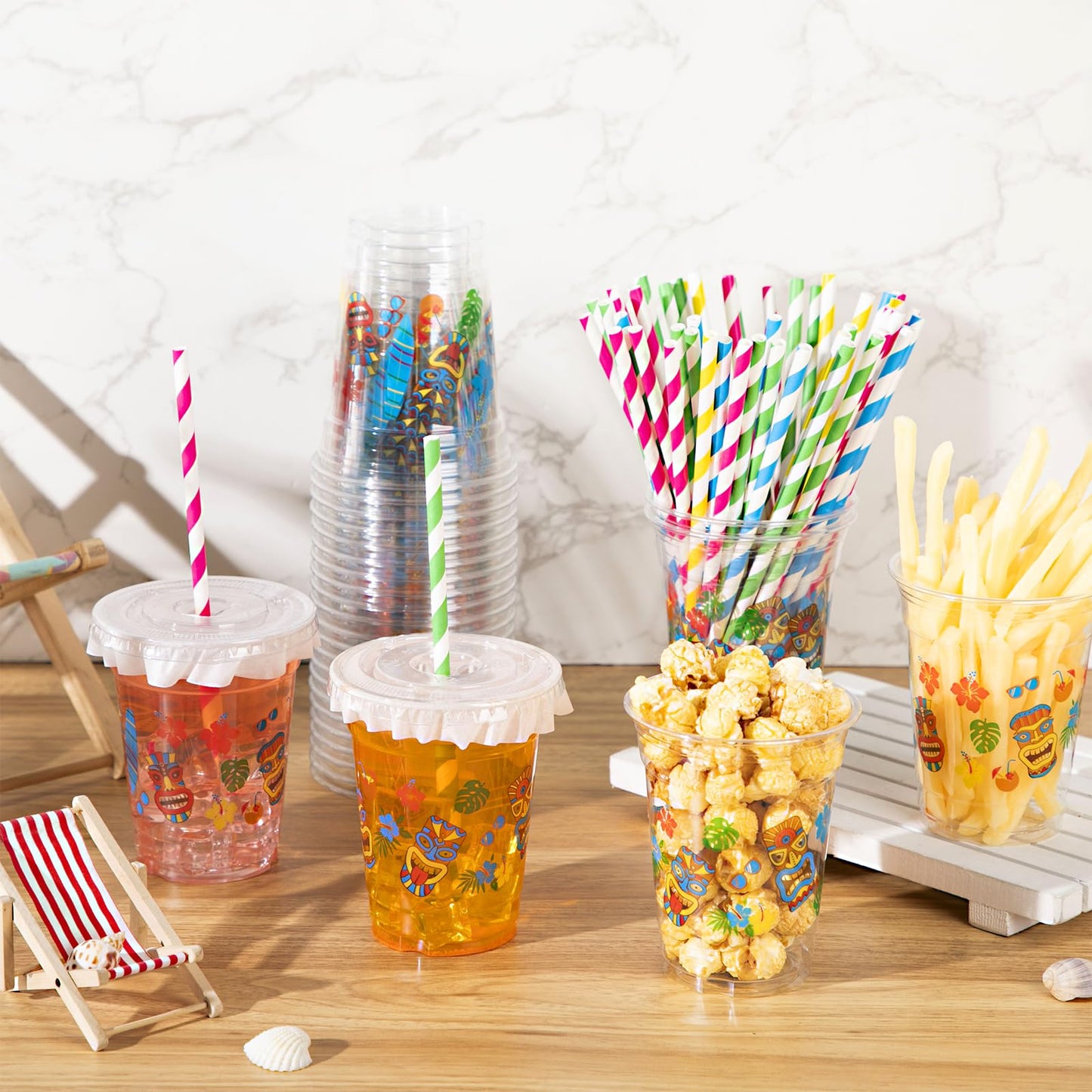 Foldtier Hawaiian Party Decorations Cups 12 Oz Luau Party Decorations Plastic Cold Drinks Cups Tiki Cups Clear Disposable Cups W