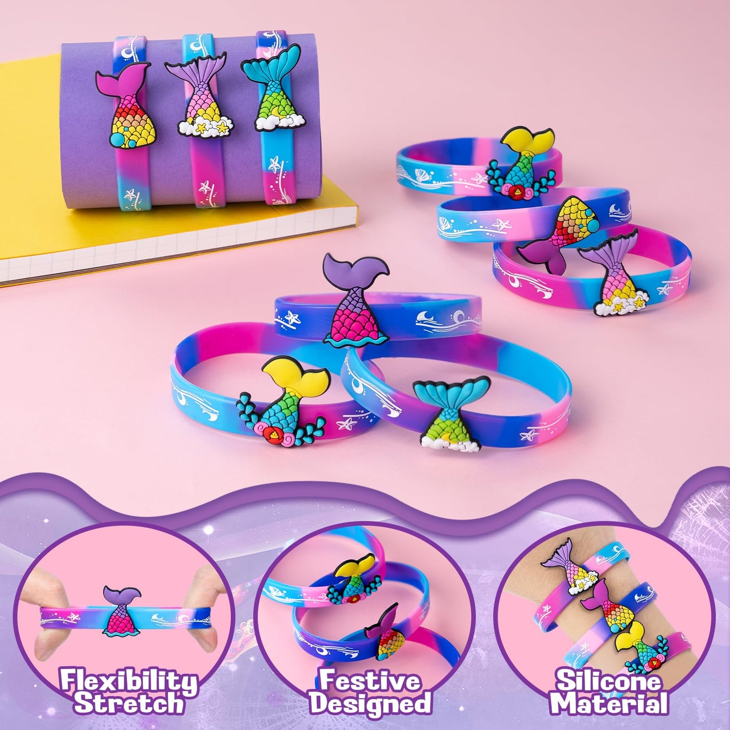 Dmight Mermaid Party Favors 30 Pcs Silicone Wristband Slap Bracelets Goody Bag Favors For Boys Girls Mermaid Birthday Party Unde