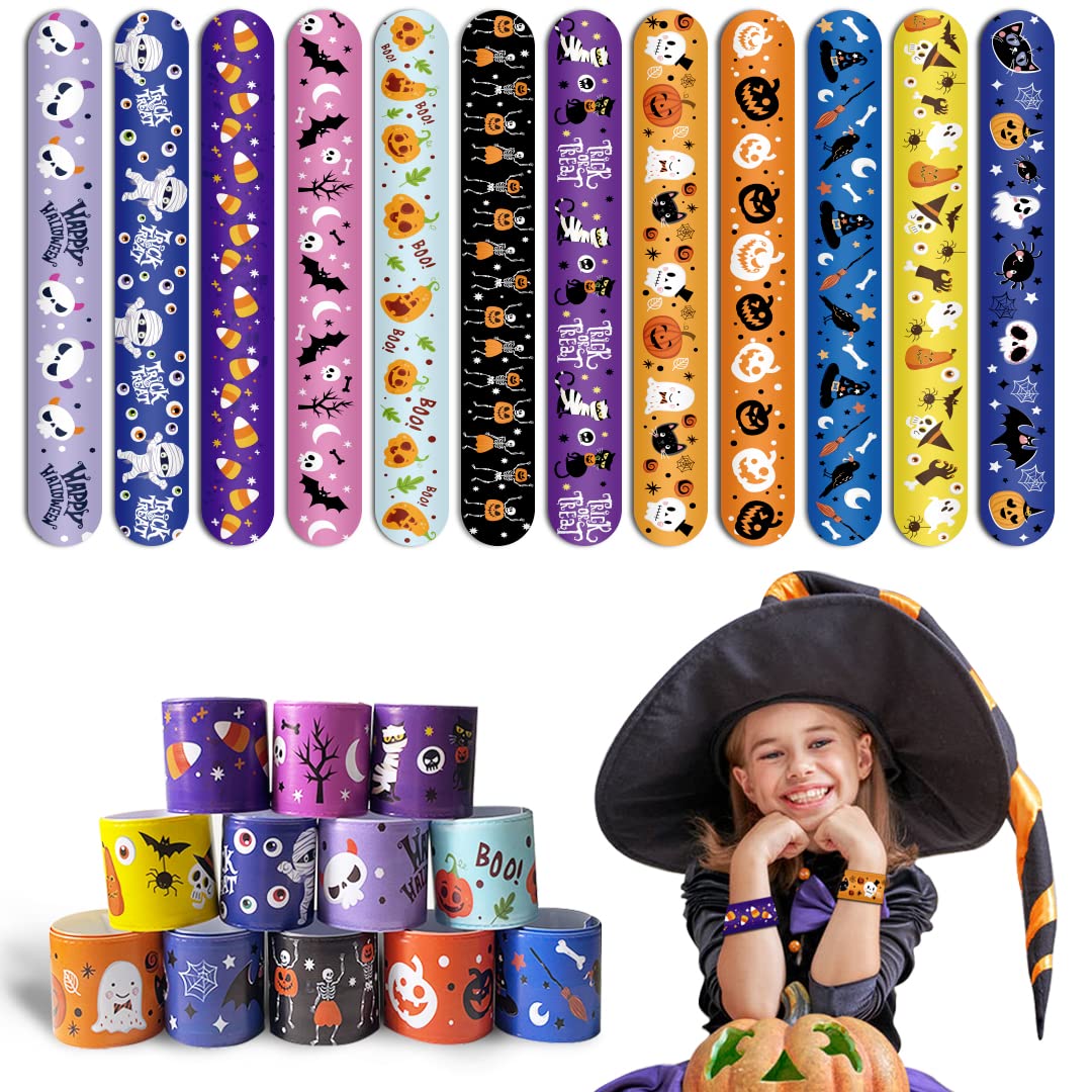 FOIMAS 48pcs Halloween Slap Bracelets,Halloween Snap Bracelet Pumpkin Witch Wristband for Kids Halloween Trick or Treat Bag Fill