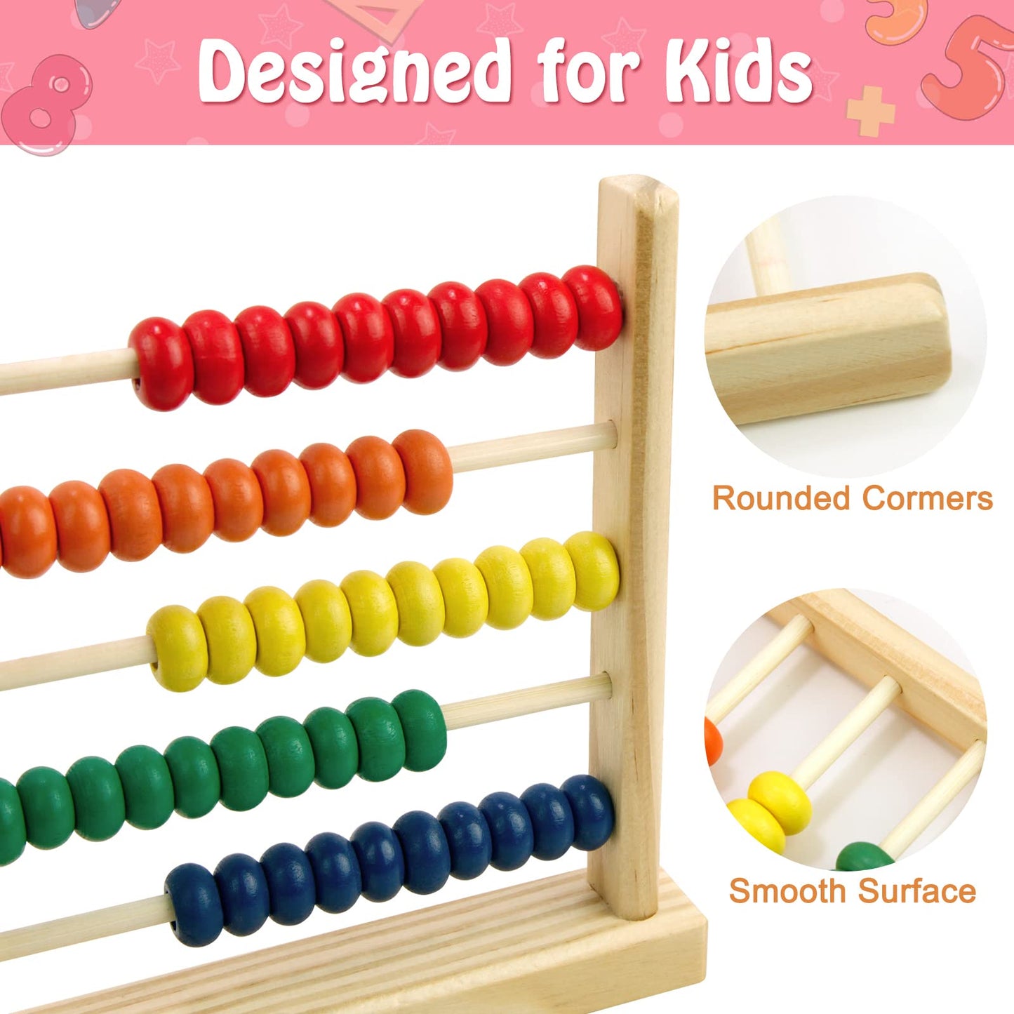 Sealive Wooden Abacus For Kids Math - 50 Beads Counting Toy, Multi-Color Counters For Kids 3-5, Counting Toys For Preschool Learning & Development, Develops Coordination, Motor Skills