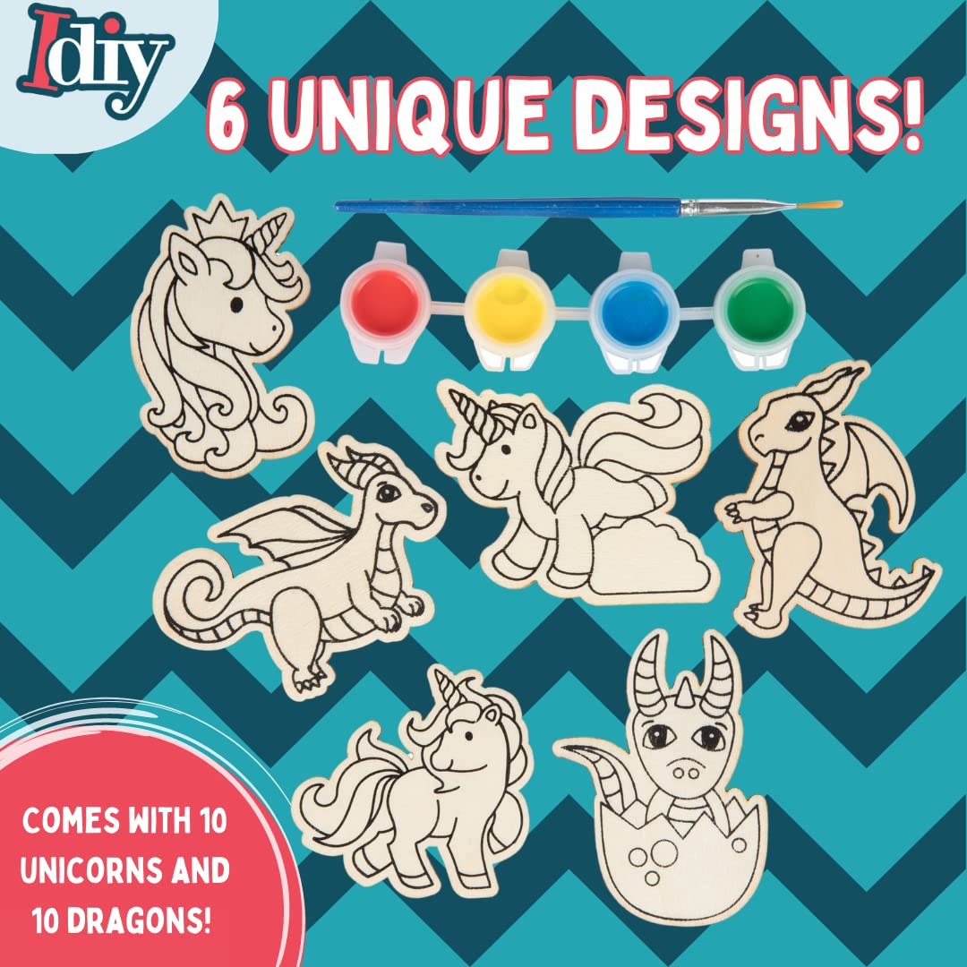 Scs Direct Kids Party Wood Painting Craft Kits (20Ct) -Unicorns & Dragons- Each Kit Has Its Own Brush, Paint, & Figure- Unique Birthday Party Activity, Favors Or Classroom School Activity Gift