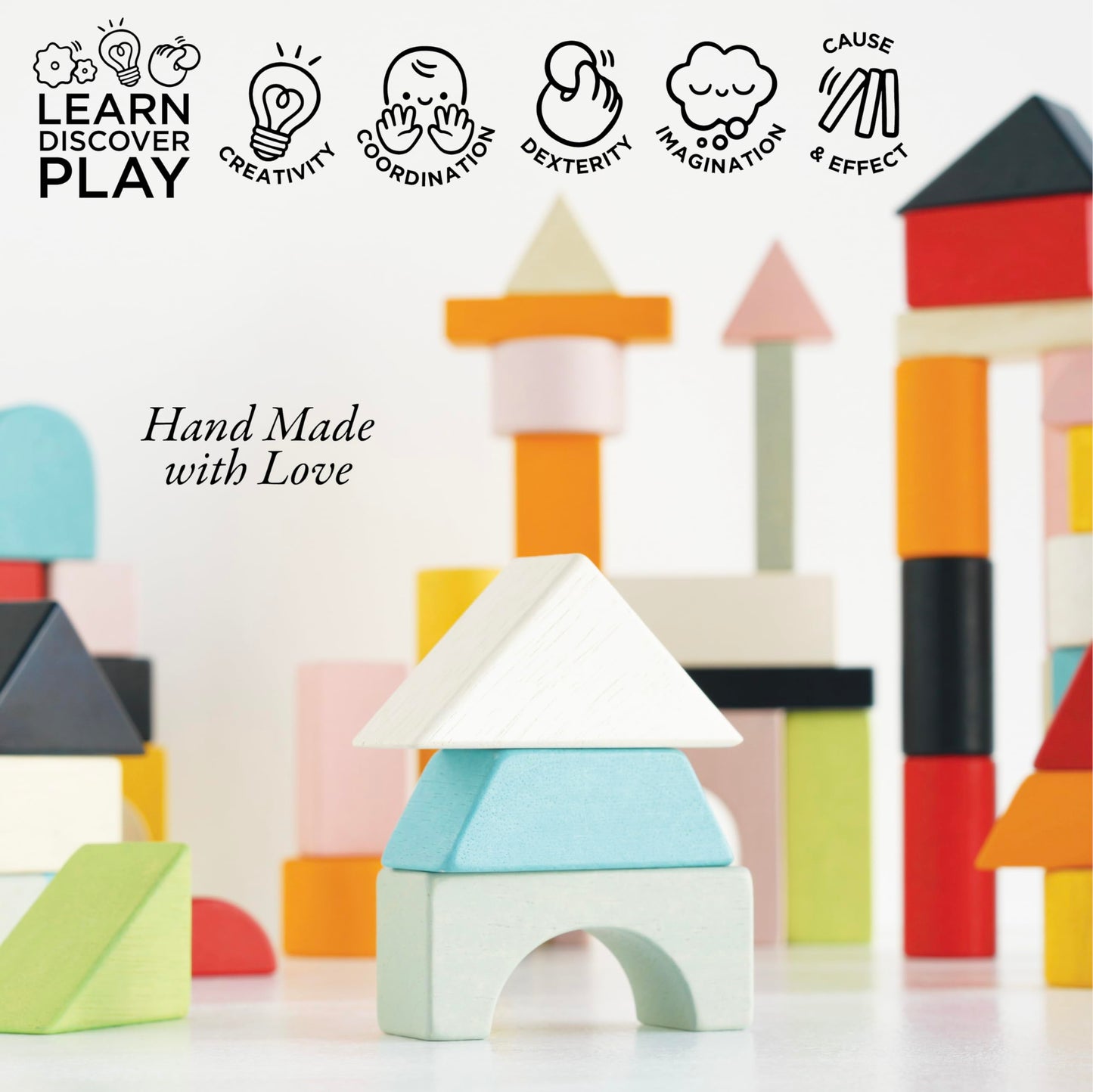 Le Toy Van - Educational Wooden Building Blocks 60 Piece Set Toy | Montessori Style Shape & Colour Development Toy - Suitable fo