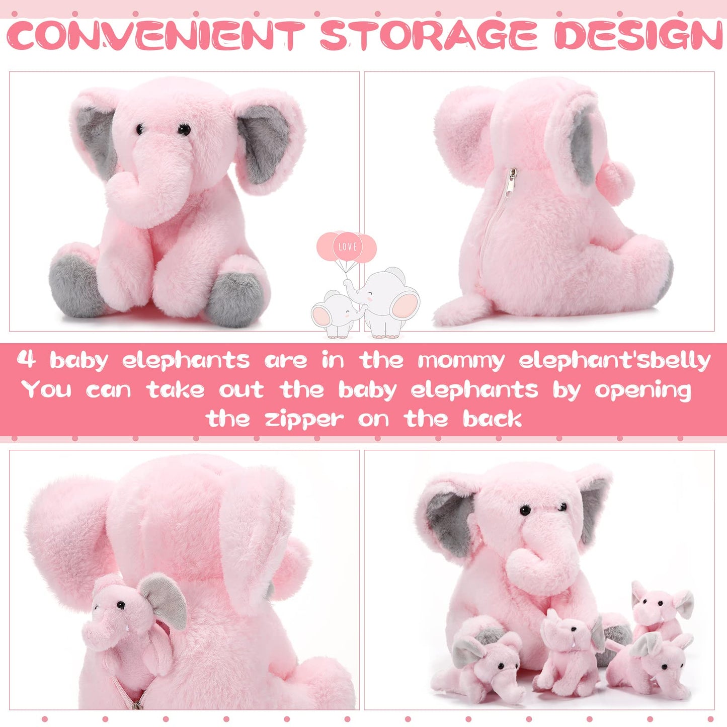 5 Pcs Plush Elephant Stuffed Animals With Babies, Mommy Elephant With 4 Plush Baby Soft Plush Elephants Animals Playset For Party Supplies, Favors, Decorations, Stocking Stuffers (Gray Pink)
