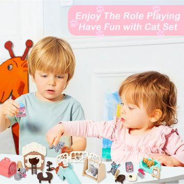 Sweetace 43Pcs Cat Toys For Kids Pretend Play Cat Figures Playset Toddler Toy Interactive Kitten Role Play Set Realistic Cats Ca