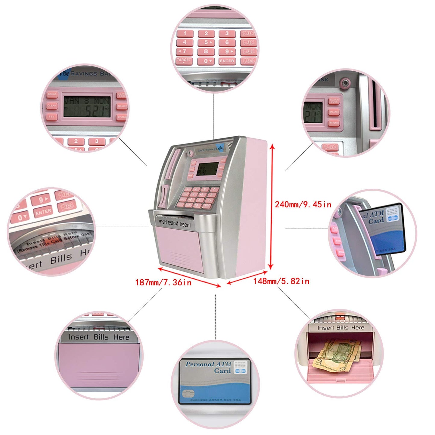2024 Upgraded ATM Saving Bank Machine for Kids Adults with Card ATM Piggy Bank for Real Money Coin Recognition Mini ATM Savings