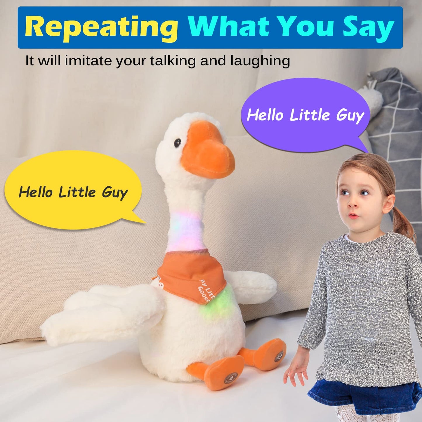 13' Talking Dancing Goose Swan Stuffed Animal Repeating What You Say Mimicking Recording Plush Baby Toy Musical English Song Singing Glowing Animated Twisting Gift Toy For Boy Kid