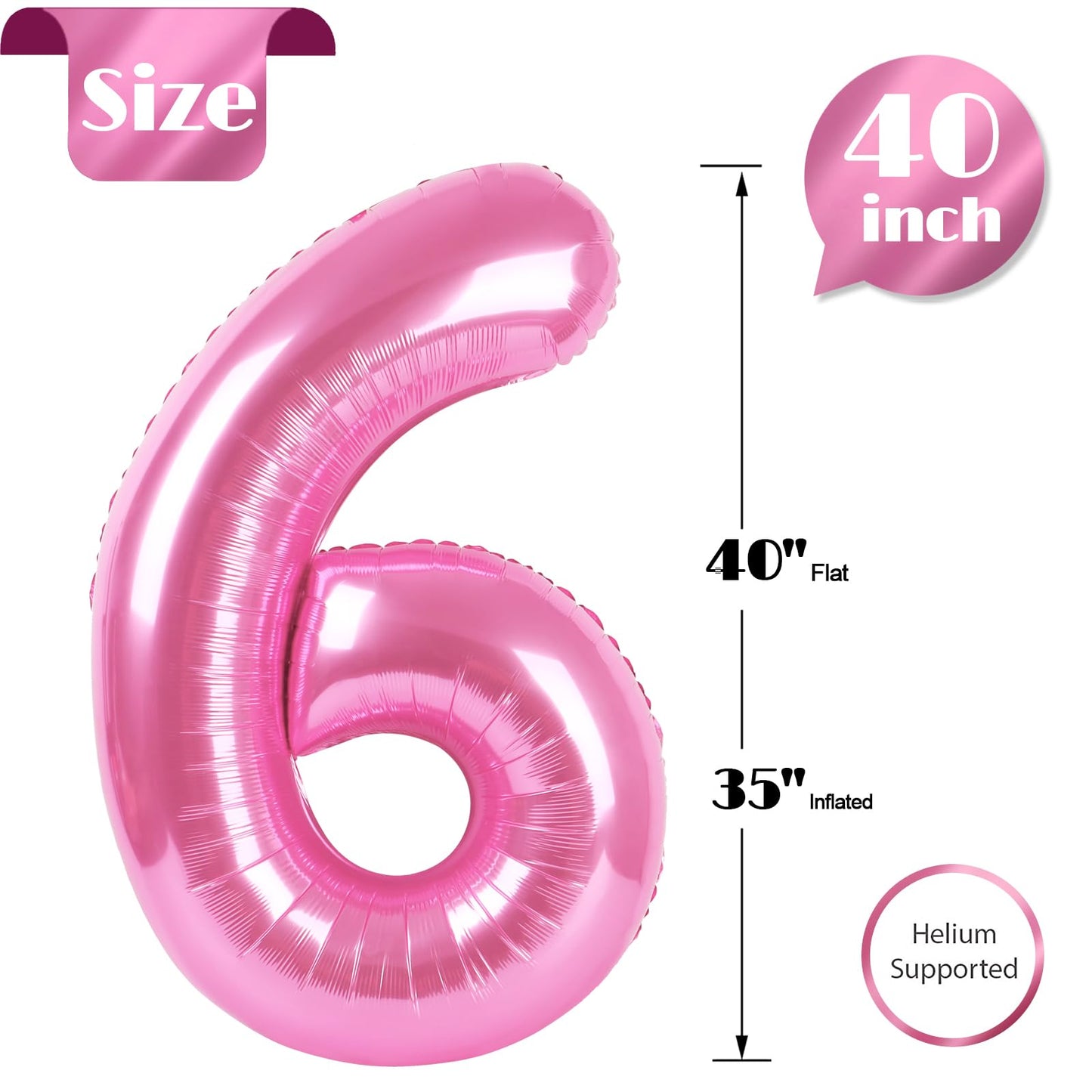 Pink Number 6 Balloon 40 Inch, 6 Balloon Number, 6Th Birthday Decorations, Pink Party Supplies For Boys Girls