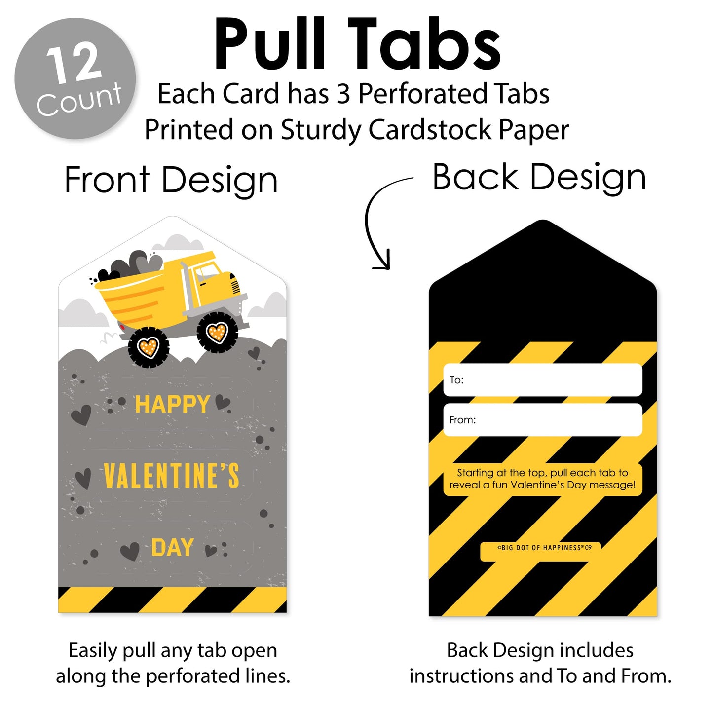Big Dot Of Happiness Dig It - Construction Party Zone - Dump Truck Cards For Kids - Happy Valentines Day Pull Tabs - Set Of 12