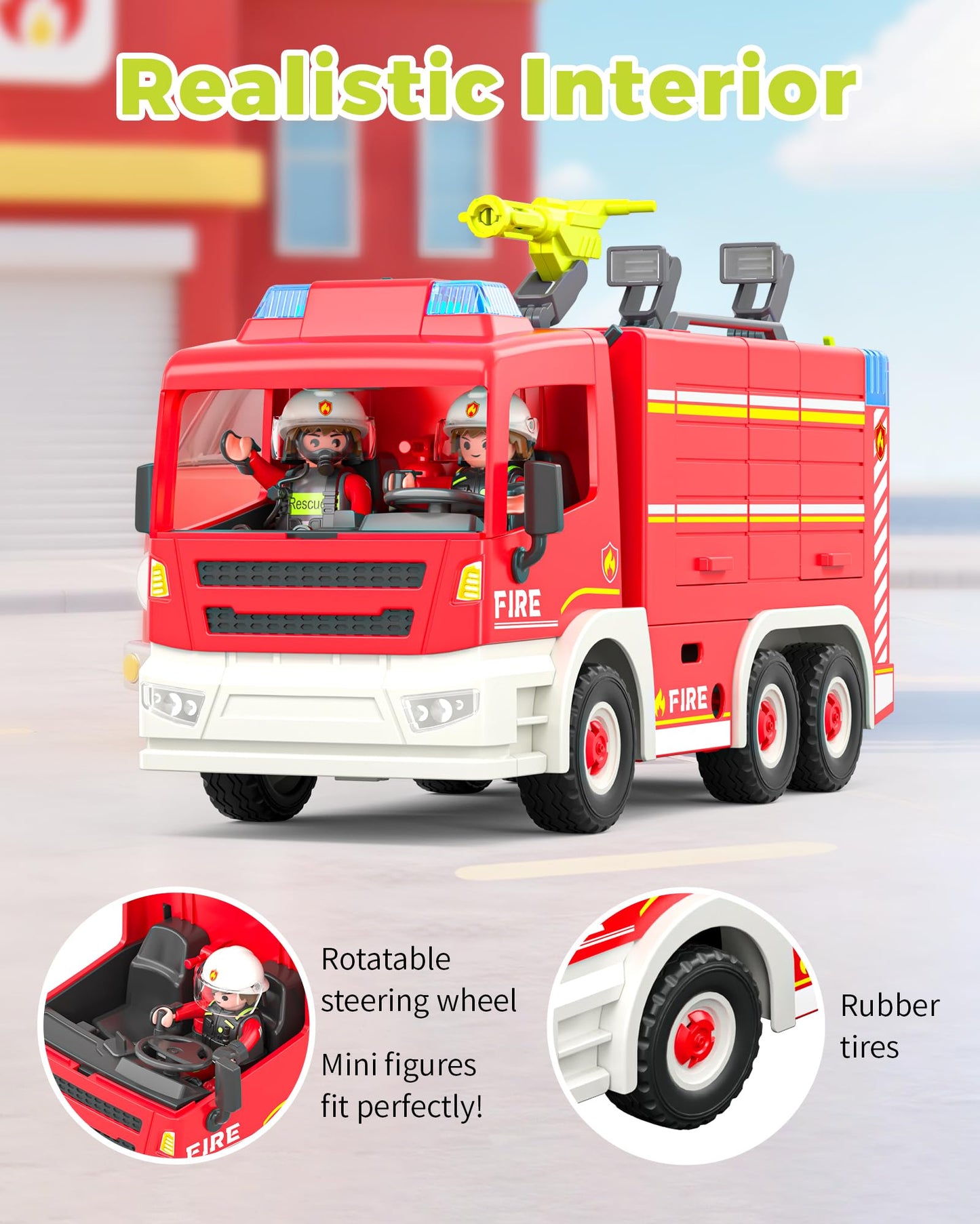Coroiesty Large Fire Truck Toy - 14.57"x8.27"x5.51", Plastic, Lights & Siren Sounds, DIY Rescue Vehicle for Kids 3-8 Years Old
