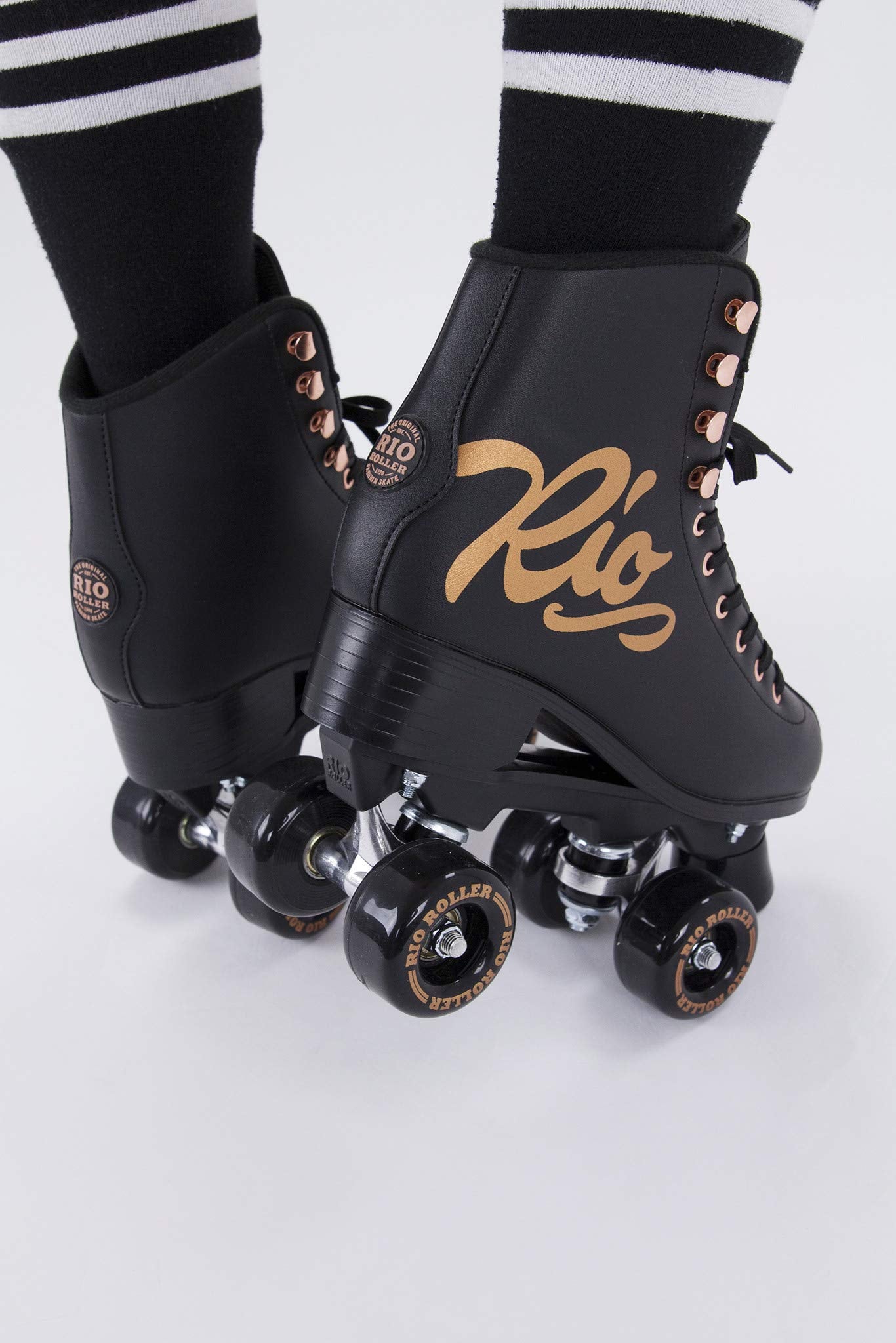 Rio Roller Rose Roller Skates - Unisex Indoor/Outdoor Quad Roller Skates For Women And Men (Mens 7 / Ladies 8, Black/Rose Gold)