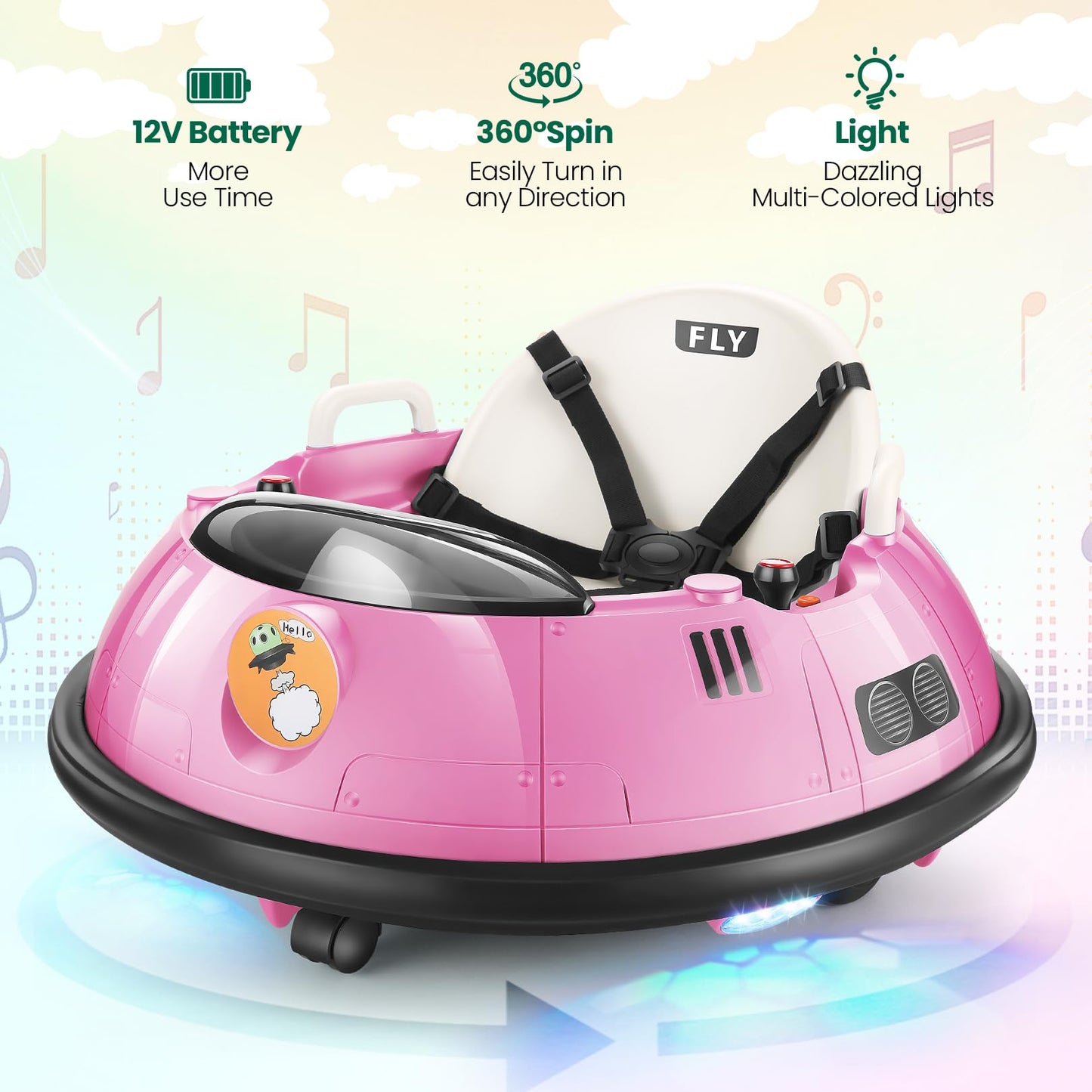 Hikole Bumper Car For Toddlers 1-3 With Remote Control, 12V 3-Speeds Electric Baby Ride On Bumper Car W/5-Point Harness, Flashin