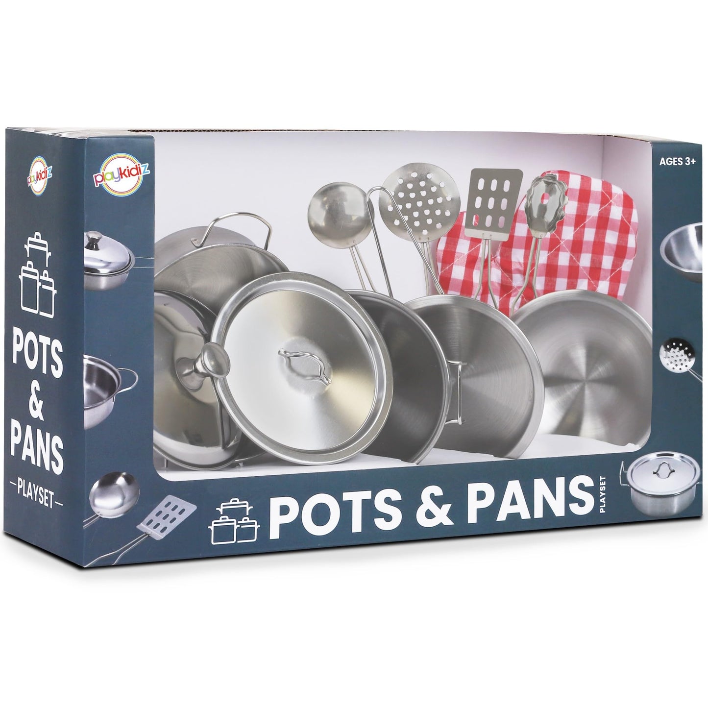 Playkidz Stainless Steel Pots and Pans - Toy Cookware 9 Piece Playset for Kids Pretend Play House - Great Birthday Gift for Girl