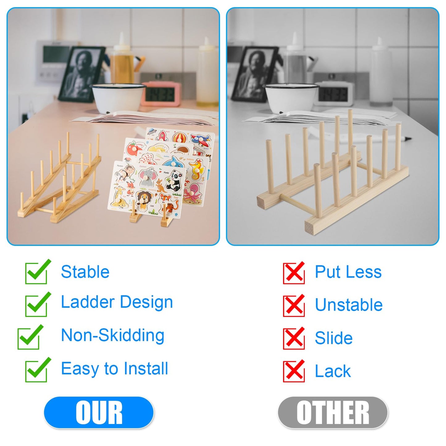 PEUTIER 2pcs Sky-blue Wooden Puzzle Storage Rack, 11.8x4.9x7.5in Non-Skidding Display Stand for Puzzle & Book Organizing