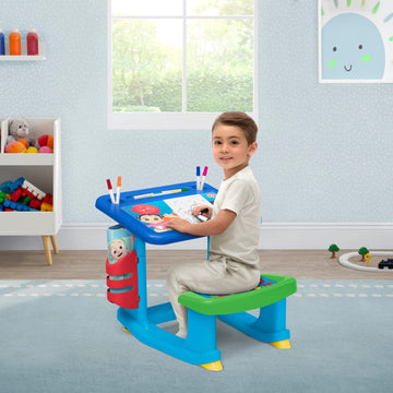 CoComelon Draw and Play Desk by Delta Children - includes 10 Markers and Coloring Book, Blue