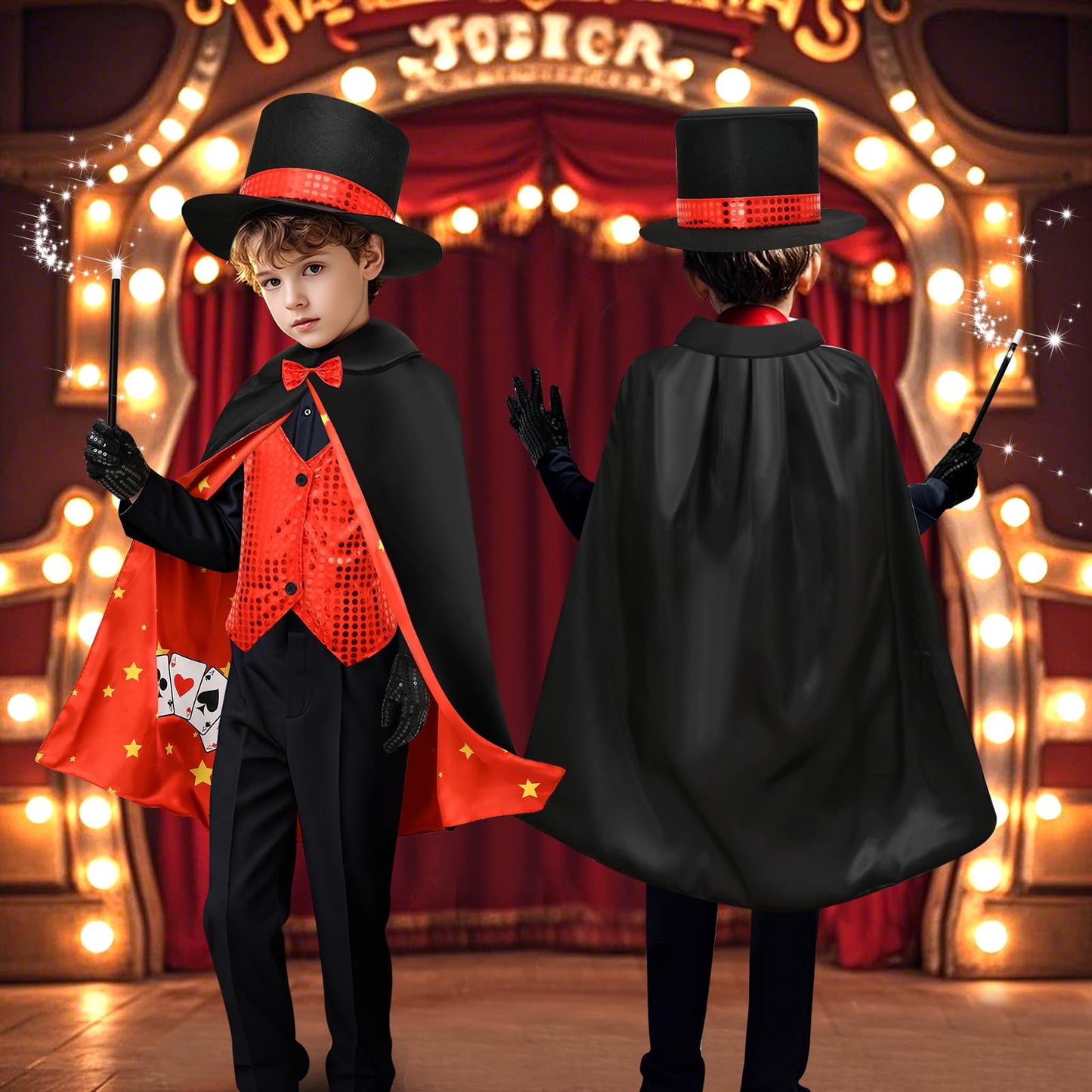 Latocos Kids Magician Costume Boys Girls Magic Kits Accessories Vest Props Change Bag With Zipper Gloves Magician Hat Cape Wand