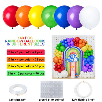 140Pcs Rainbow Balloons Different Sizes Assorted Color 5/10/12/18 Inches Latex Balloons,Multicolor Bright Balloons For Lgbt Wedd