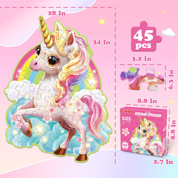 Unicorn Floor Puzzles For Kids Ages 4-6 & 3-8, Unicorn Toys For Girls Age 4-6, 45-Piece Blue Cardboard Shimmery Jigsaw Puzzles F
