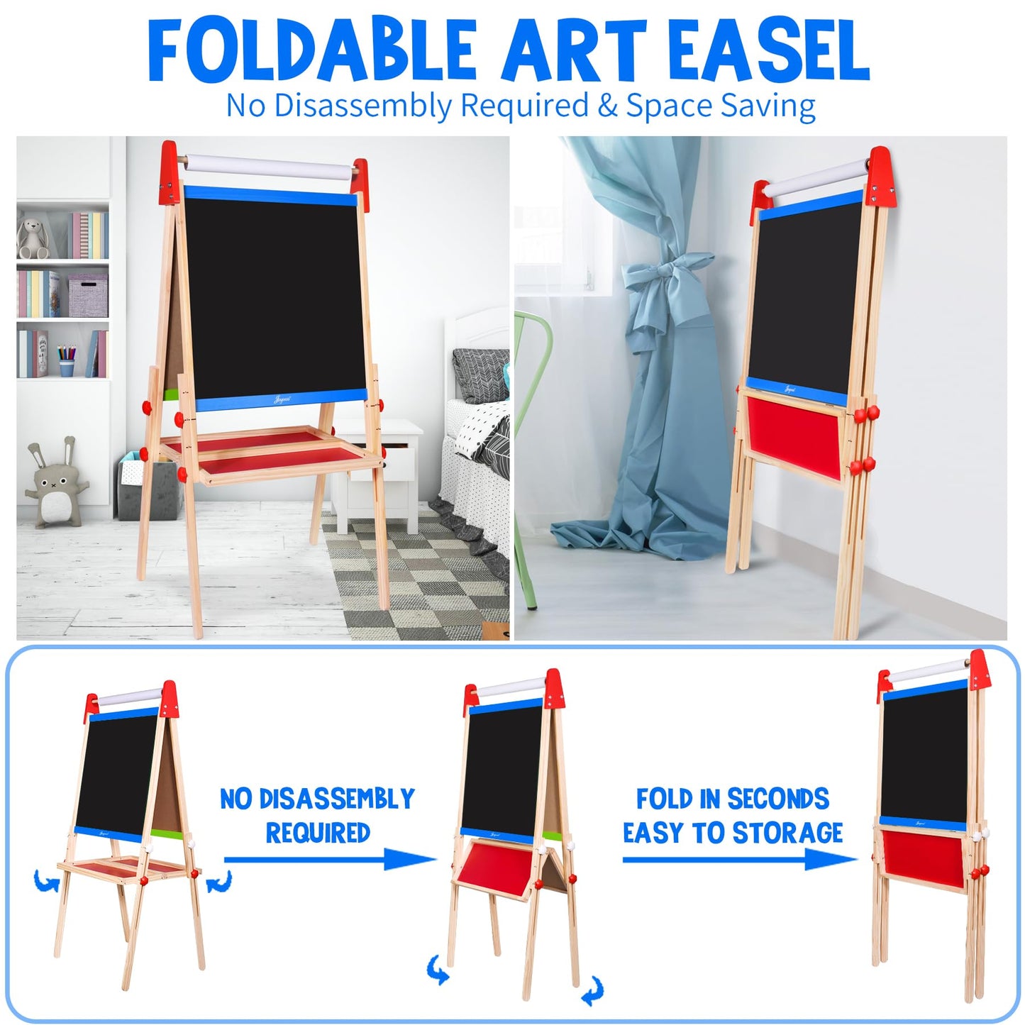 Joyooss Easel For Kids Easel, Wooden Easel Whiteboard & Chalkboard Easel, Foldable Height Adjustable Double Sided Toddler Art Ea