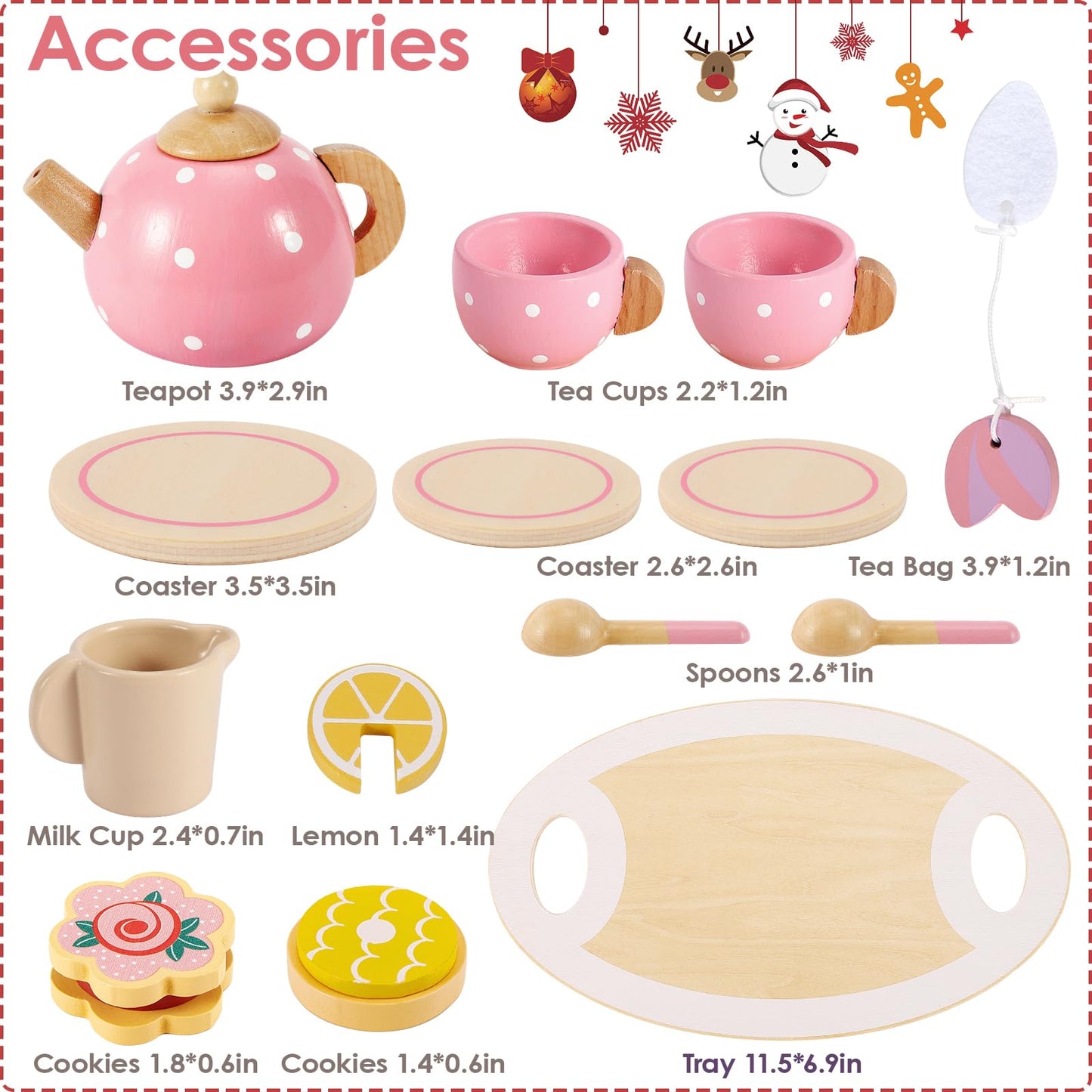 BUYGER Pretend Play Princess Tea Party Set for 3 4 5 6 + Year Old Wooden Kitchen Play Food Accessories Sets Gifts for Toddler Li