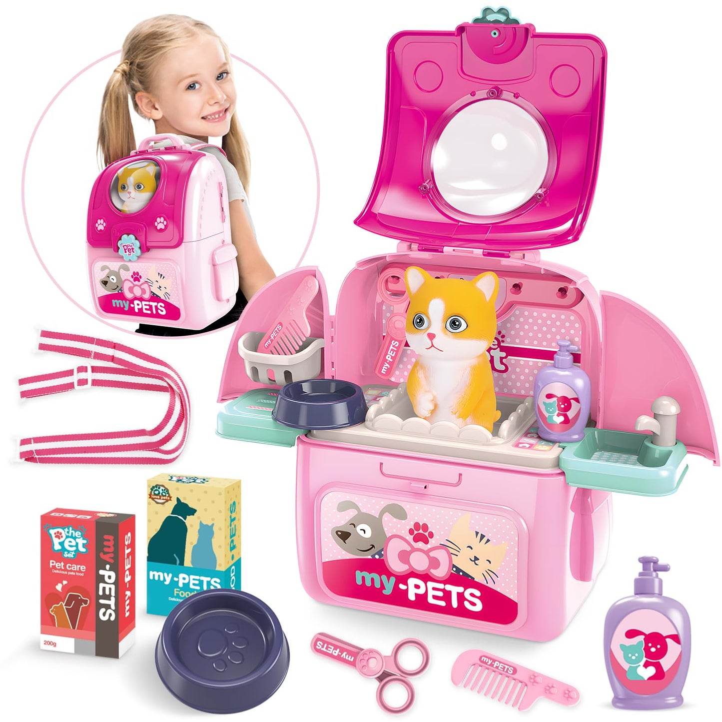 Shemira Girl Toys Gifts for 3 4 5 6 Years Old, Pet Care Playset for Kids, Pet Care Pretend Play Toys for Kids with Toy Cat &Stor