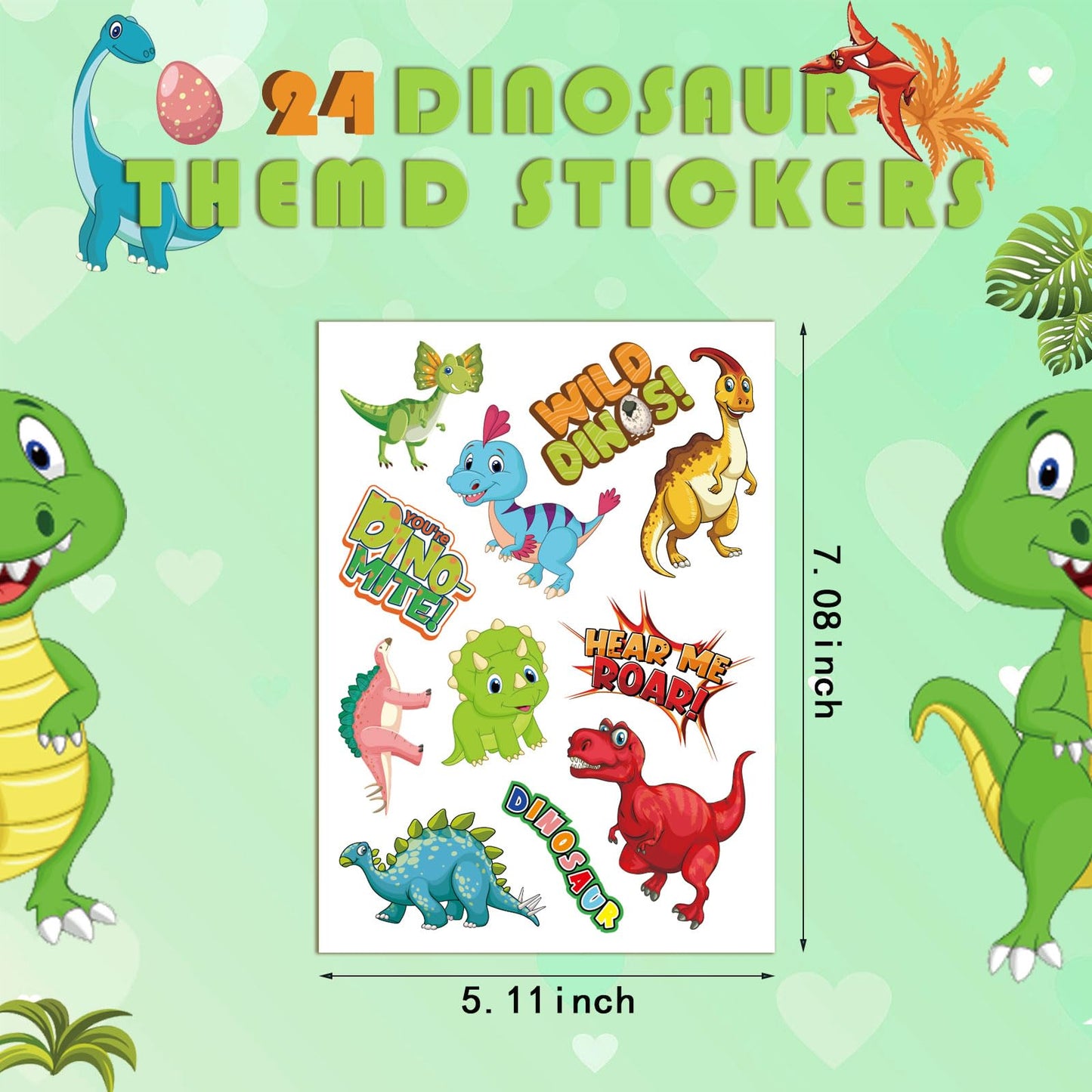 24 Sheets Dinosaur Stickers For Kids Non-Repeating Dinosaur Theme Birthday Party Favors Supplies Teacher Reward Stickers