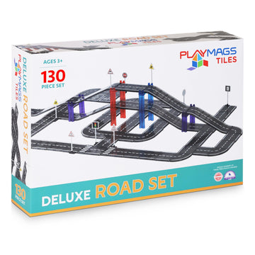 Playmags Magnetic Tiles Road Set For Kids - 130-Pieces Magnet Building Blocks Toy - Durable Creative Stem Learning Toys With Curved & Straight Car Race Track For Kids Ages 3+