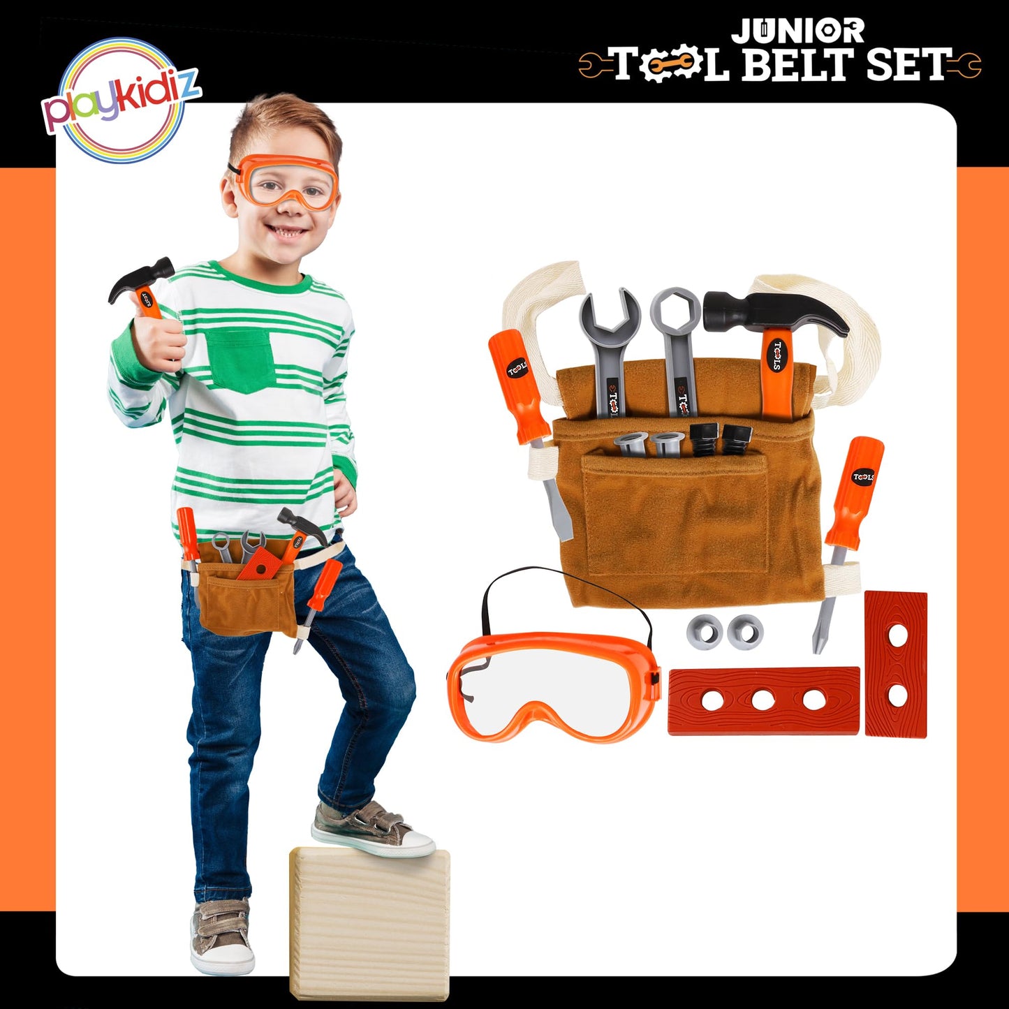 Playkidiz Kids Tool Belt Set - Adjustable Toddler Tool Belt to Pretend Construction, 15pc Durable Kids Toy Tool Set for Learning