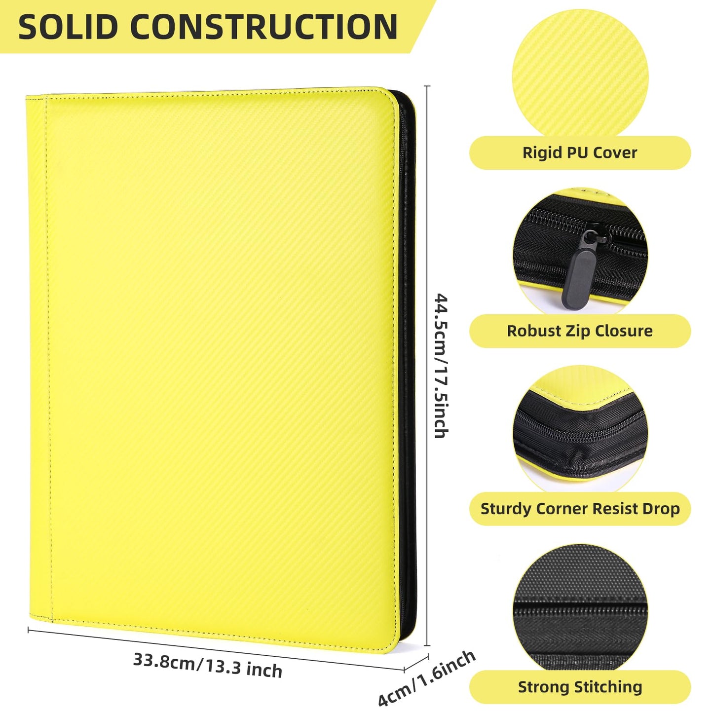 WisOffice enhanced 1000+ Pockets Trading Card Binder 16 Pockets Card Binder Ringless Side Loading Card Collection Binder Card Holder Folders for MTG TCG Yellow