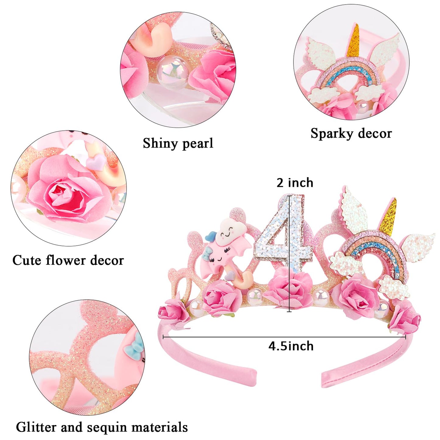 SuPoo 4th Birthday Headband Flower Crown for Girls Princess Tiara Decorations Hair Band Cute 4 Year Old Party Accessory