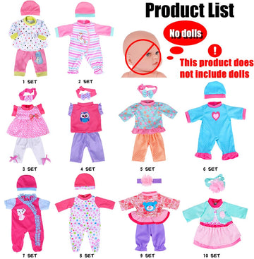 10 Sets Baby Doll Playtime Outfits Clothes Hat Headband Fits For 10 Inch Baby Dolls 12 Inch New Born Baby/Alive Baby Dolls 14 Inch Dolls (No Doll)