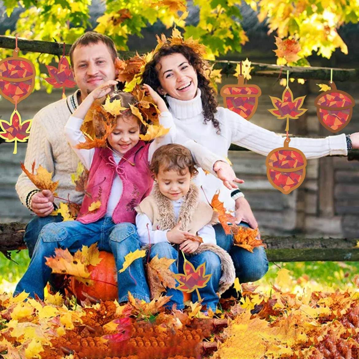 Zliisang 24PCS Make You Own Fall Crafts Kit Bulk Maple Leaf Acorn Paper Suncatchers DIY Kit for Autumn Thanksgiving Classroom Ac