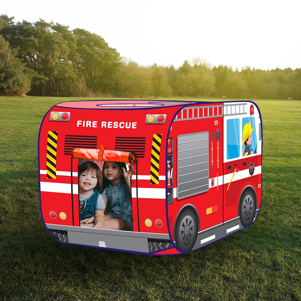 Artcreativity Fire Truck Tent With Carry Bag, Pop Up Indoor Tent For Kids - Fire Truck Pop Up Tent, Indoor Playhouse With 2 Openings, Flat-Folding For Compact Storage, 43.5 X 28 X 26.5 Inches