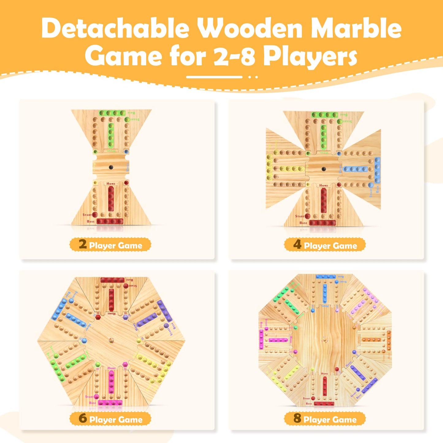 Marble Game Board Wooden, 24'' Large Size Detachable Fast Track Board Game For 2-8 Players, Classic Marble Game With 32 Marbles
