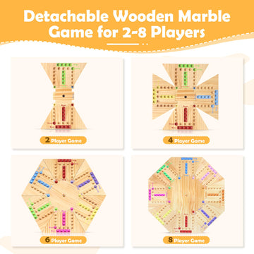 Marble Game Board Wooden, 24'' Large Size Detachable Fast Track Board Game For 2-8 Players, Classic Marble Game With 32 Marbles