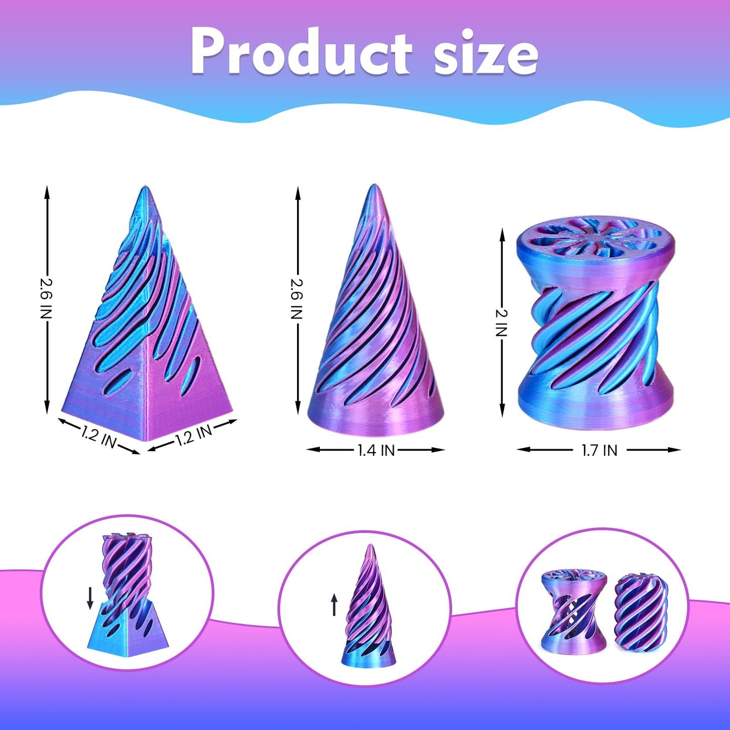 Mydhall 3PCS Impossible Cone 3D Printed Spiral Cone Fidget Toys Impossible Pyramid Passthrough Sculpture Stress Relieving Toys for mature-themeds and Kids Stocking Filler White Elephant Gifts(Light Purple)