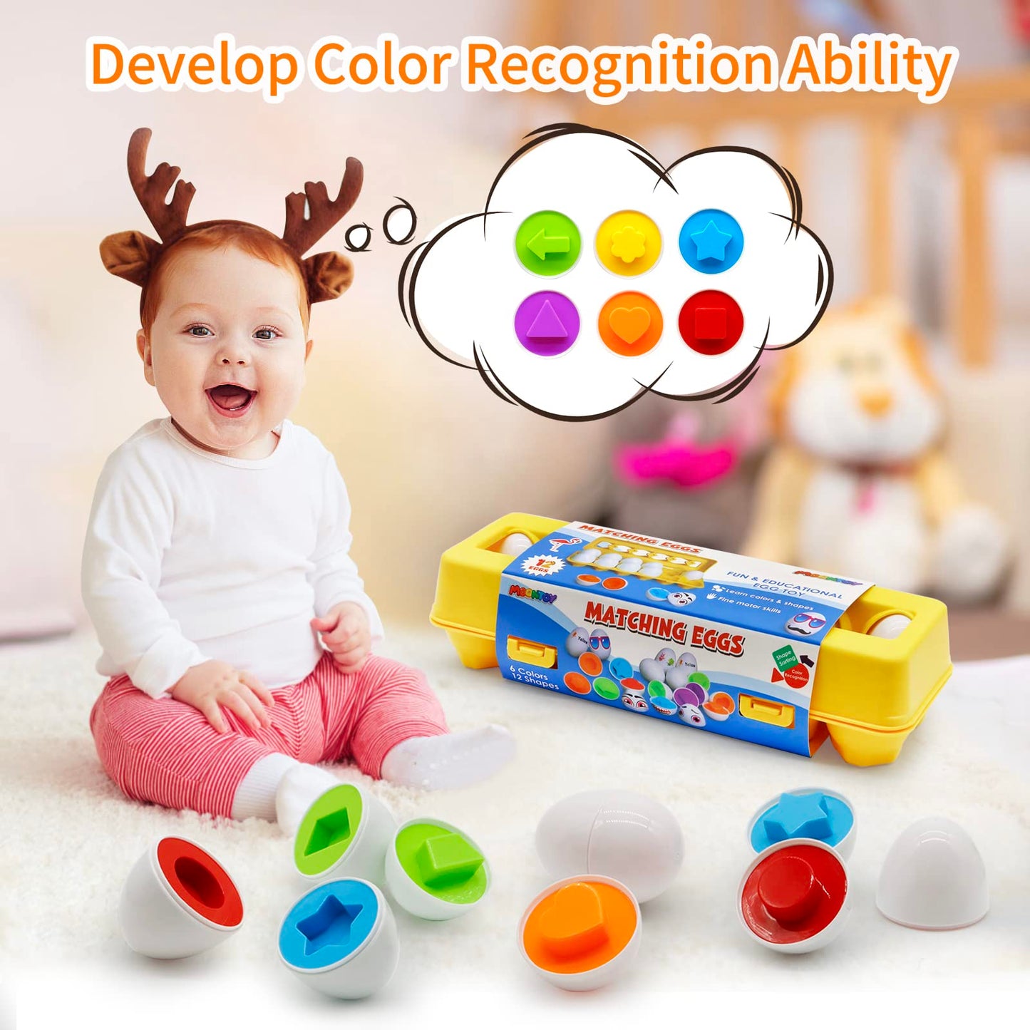Moontoy Matching Eggs For Toddlers, 12Pcs Preschool Educational Learning Color & Shape Recognition Stem Toy- Montessori Geometri