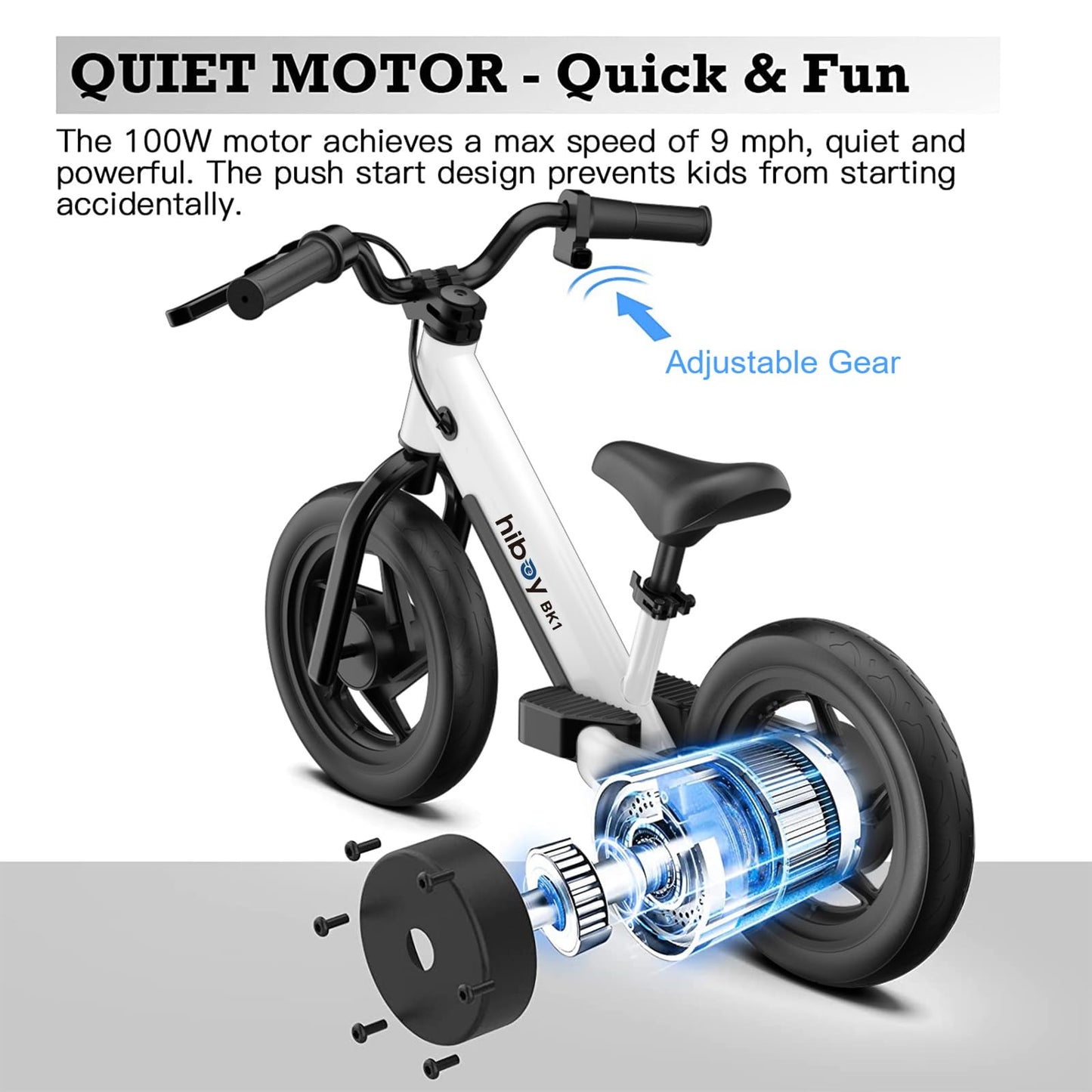 Hiboy BK1 Electric Bike for Kids Ages 3-5 Years Old, 24V 100W Electric Balance Bike with 12 inch Inflatable Tire and Adjustable