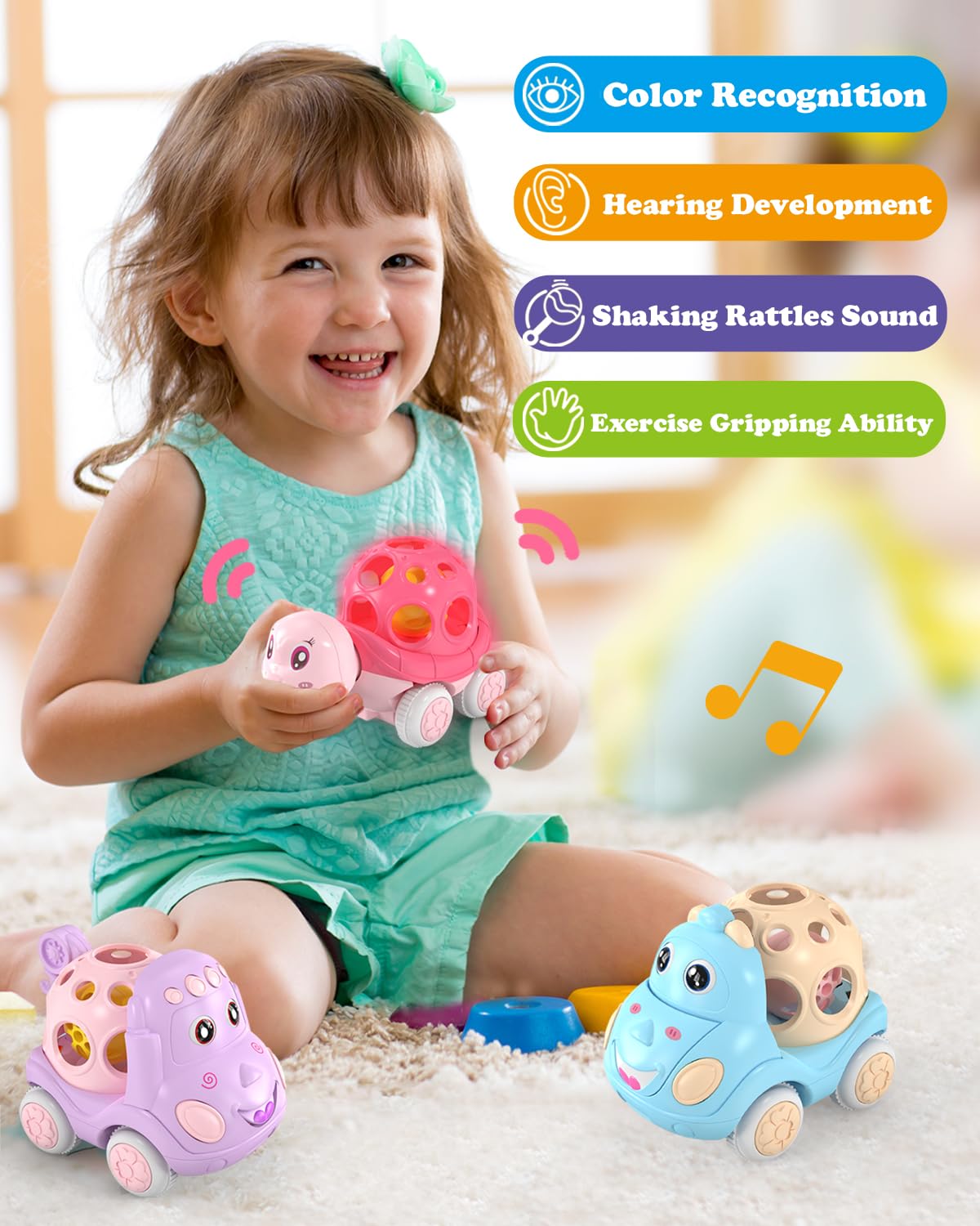 Zmzs Baby Girl Toy Cars For Babies, Push Cars For Toddlers Girls, Friction Powered Rattle And Roll Cars, Soft Rubber Rattle Toy Vehilces For Infant Boys Birthday