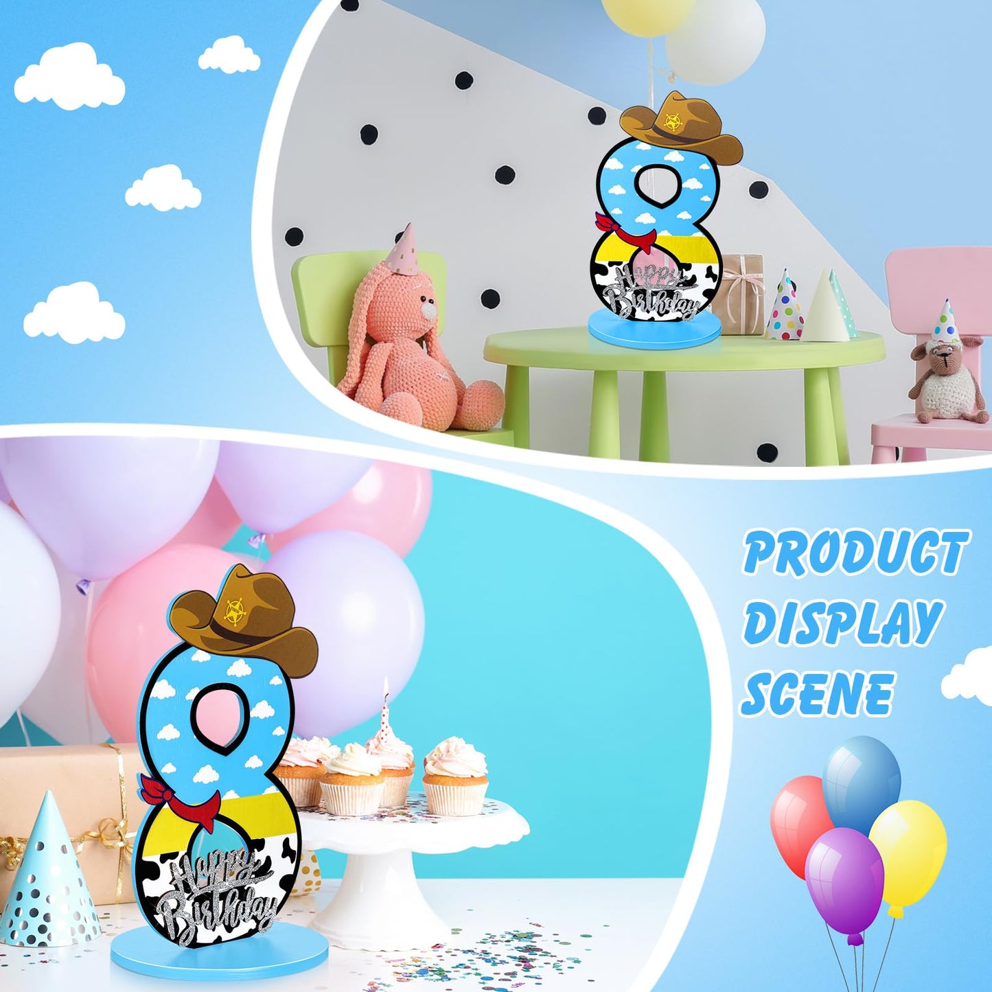 Vercraft Toy Theme 8th Birthday Party Number Centerpiece Cartoon Party Number Sign Blue Sky and White Cloud Cow Birthday Sign fo