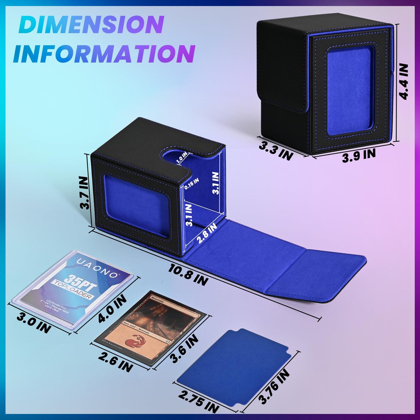 Uaono Card Deck Box With Mtg Commander Display, Deck Case Holds 100+ Double-Sleeved Cards, Trading Card Storage Box Fits Tcg/Ptcg/Sports Card With 2 Dividers, 1 Toploader (Black, Blue)