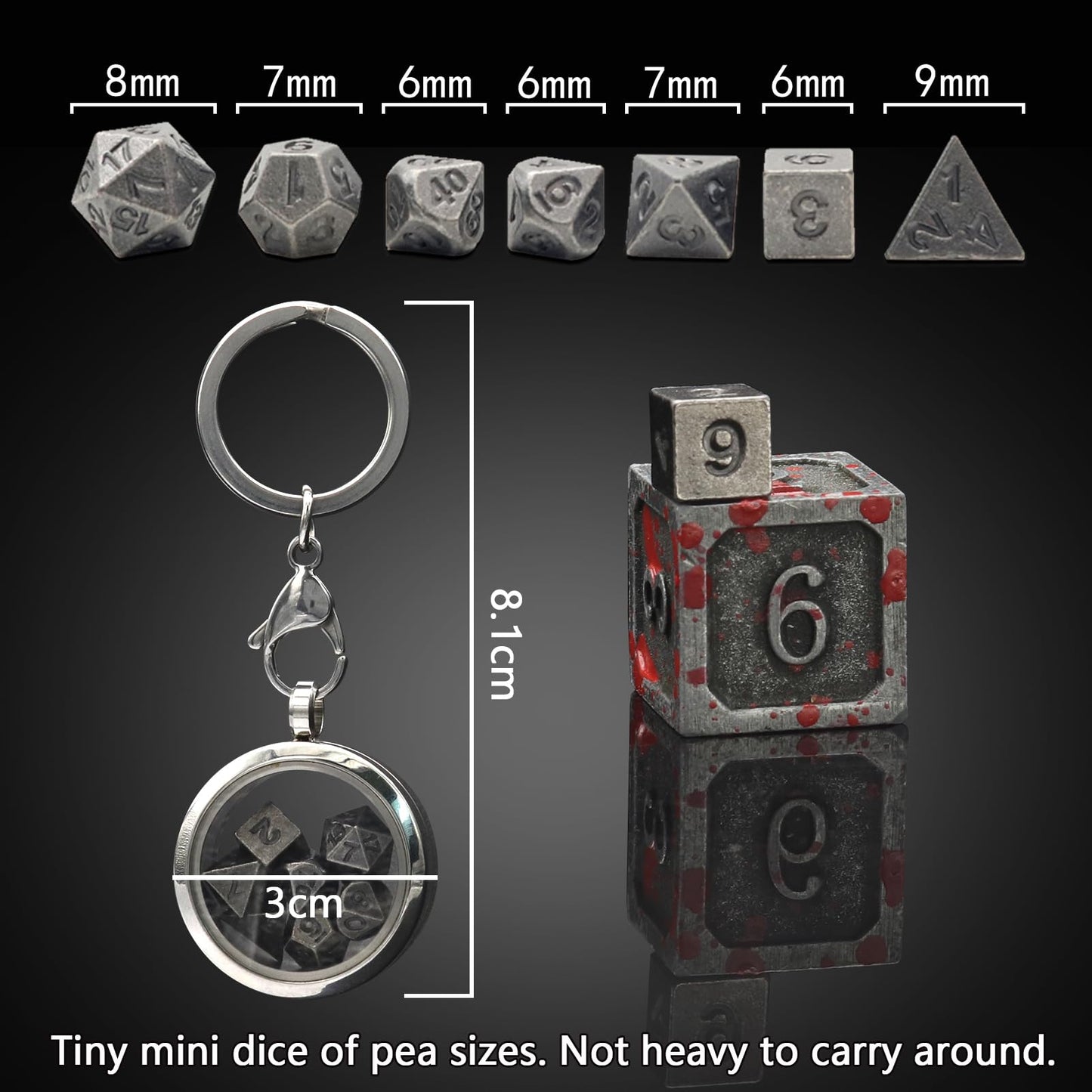 PJOY Mini Dice Set D&D DND Dice Set with Case Necklace Keychain Mini Metal Dice Set for Role Playing Dice Games as Dungeons and