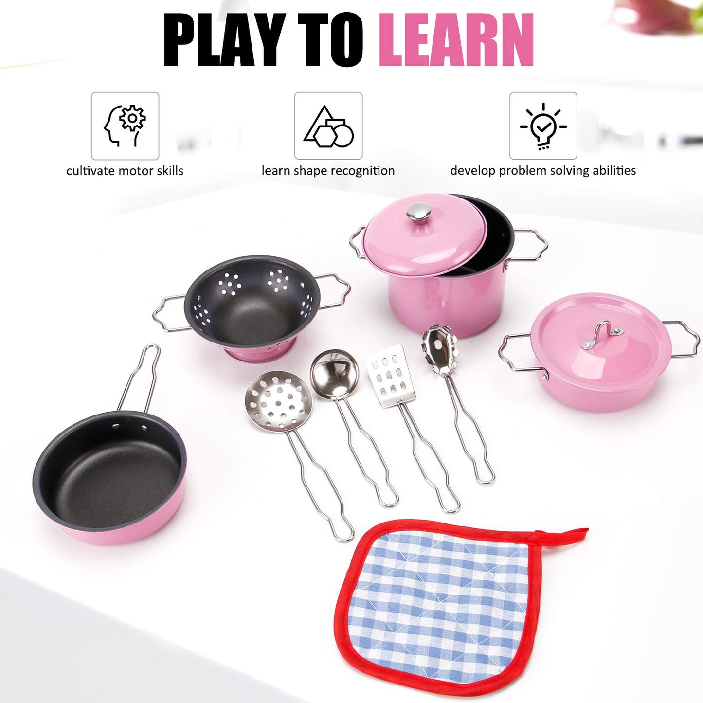 Kids Play Kitchen Toys Pretend Cooking Pink Stainless Steel Pots And Pans Metal Kitchen Set With Utensils (11 Pieces)