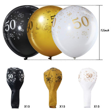 45 Piece 12 Inch Birthday Party Latex Balloons Birthday Anniversary Party Decoration White Gold Black Theme Party Balloon For Birthday Party Supplies Indoor Outdoor Decor (50Th)