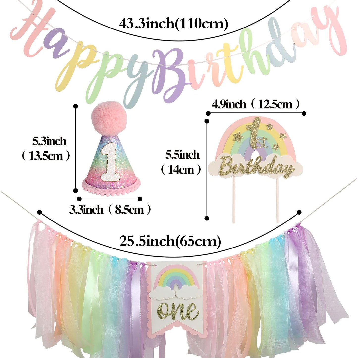 Pastel Rainbow High Chair Banner For 1St Birthday Decorations First One Birthday Party Girl With Cake Topper