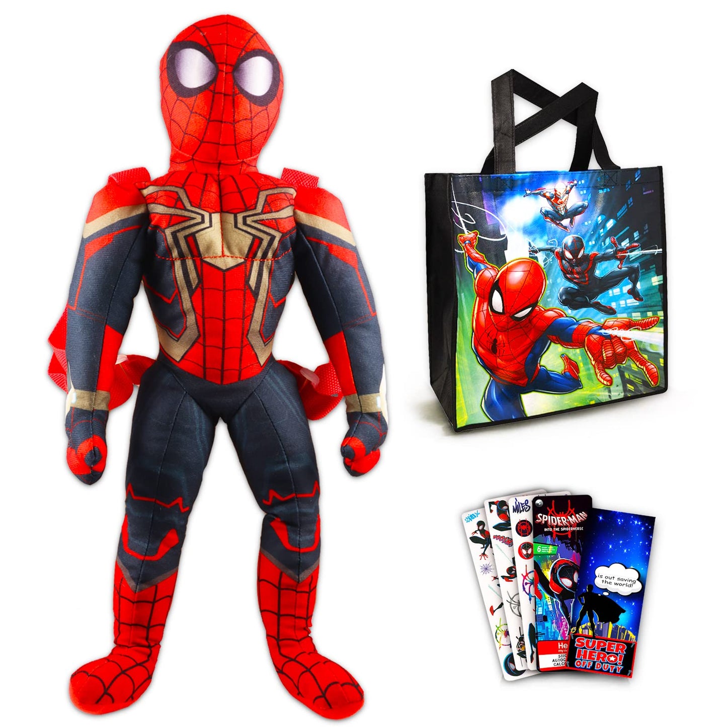 Marvel Spiderman Plush Doll And Avengers Tote Bag Set - Bundle With 20' Spiderman Plush Doll With Adjustable Straps Plus One Kawaii Avengers Tote, Stickers, And More (Spiderman Gifts)