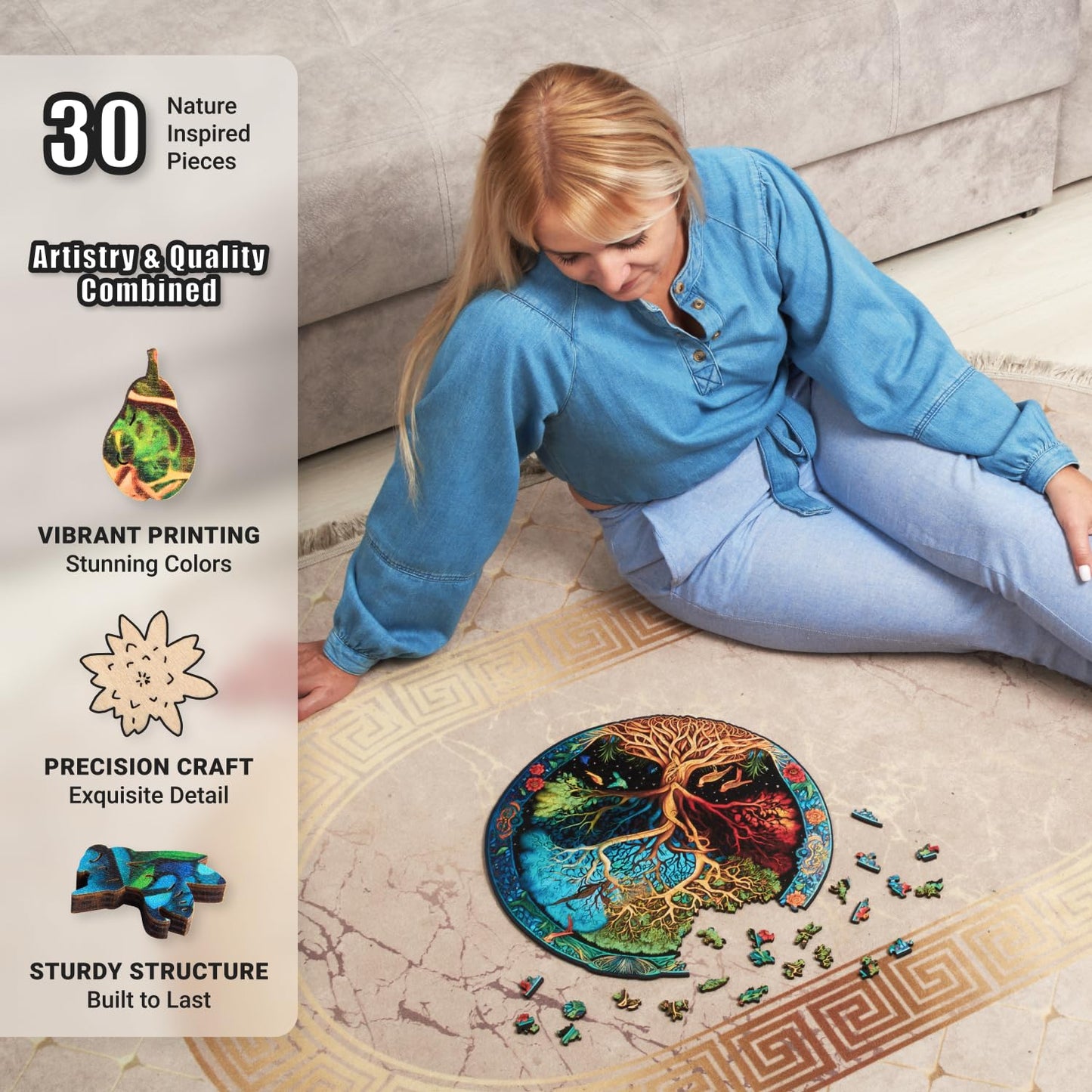 Eternal Tree of Life - 200 Piece Wooden Puzzles for mature-themeds - 11.9 x 12 in - Extra-Thick 5 mm Wood Puzzle Hand-Shaped Pieces Round Mosaic Design - enhanced Gift for Puzzle Lovers by LEOGOR