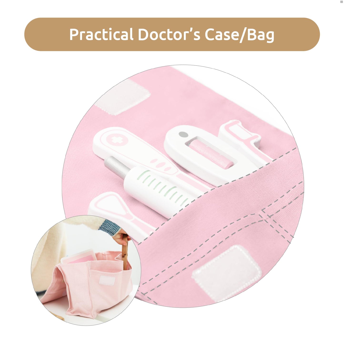 UMU Wooden Doctor Kit for Kids - 18 pcs Doctor and Dentist Play Set for Toddlers with Stethoscope, Syringe, Tooth Model & More -