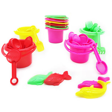 The Dreidel Company Mini Beach Day Playsets (Pack of 6) 3.25'' Sand Bucket Play Set Box Includes, Pail, Shovel, Rake, Sifter Sco