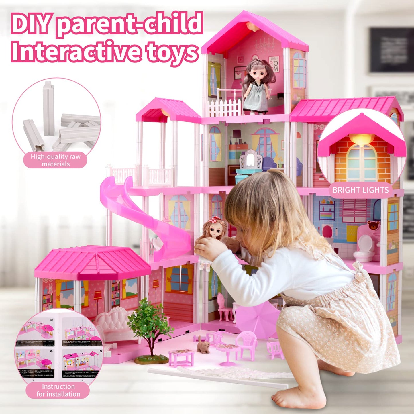 Hcfjeh Dollhouse Play House For Dream Girls Birthday Doll House With Lights & Two Dolls & Furniture Accessories, Toddler Diy Princess House Playhouse Pretend Set Toys (11 Room)